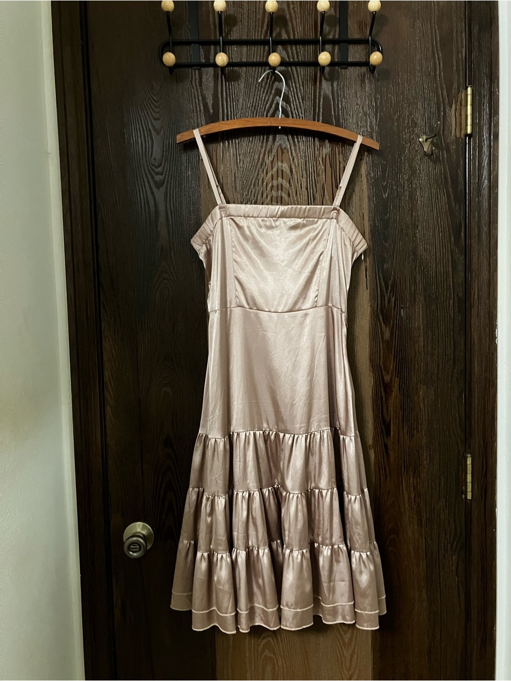 Satin Tiered Midi Slip Dress in Ballet Pink